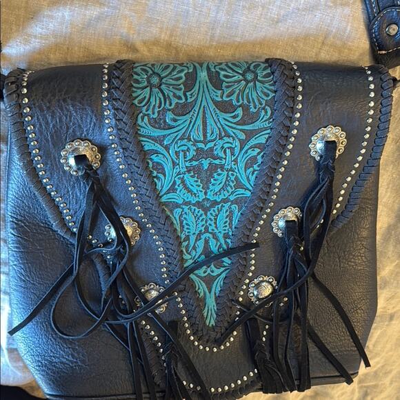 Trinity ranch Black and Teal leather tassel shoulder bag - Picture 10 of 10
